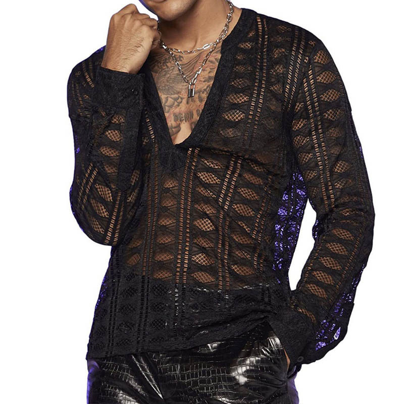 Cross-border European and American Men's Fishing Net Transparent Long Sleeve Notched Collar Hollow Perspective Shirt Men's Shirt Hollow V-neck T-shirt