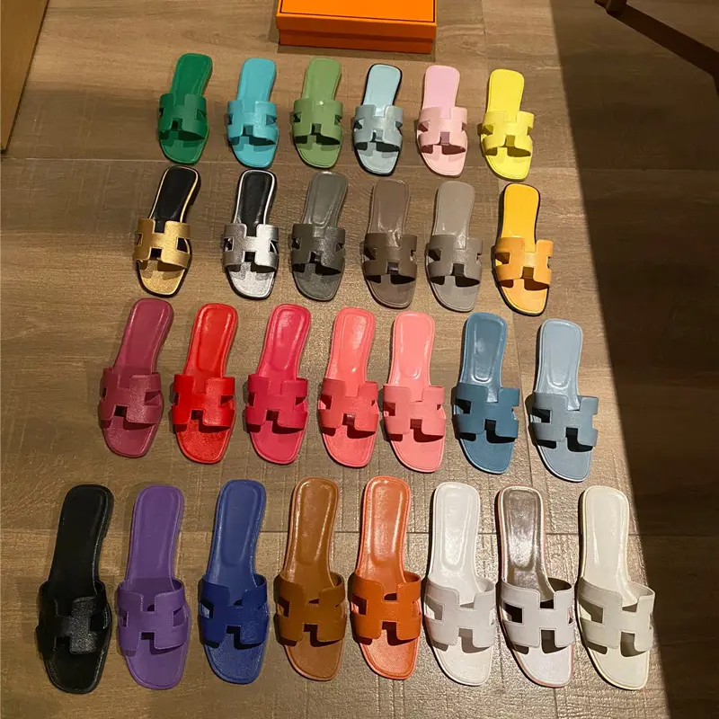 Genuine Leather Version ~ Popular Summer Genuine Leather Casual Cool H Slippers for Women Fashion Outwear Easiest for match Flats One-Line H Slippers