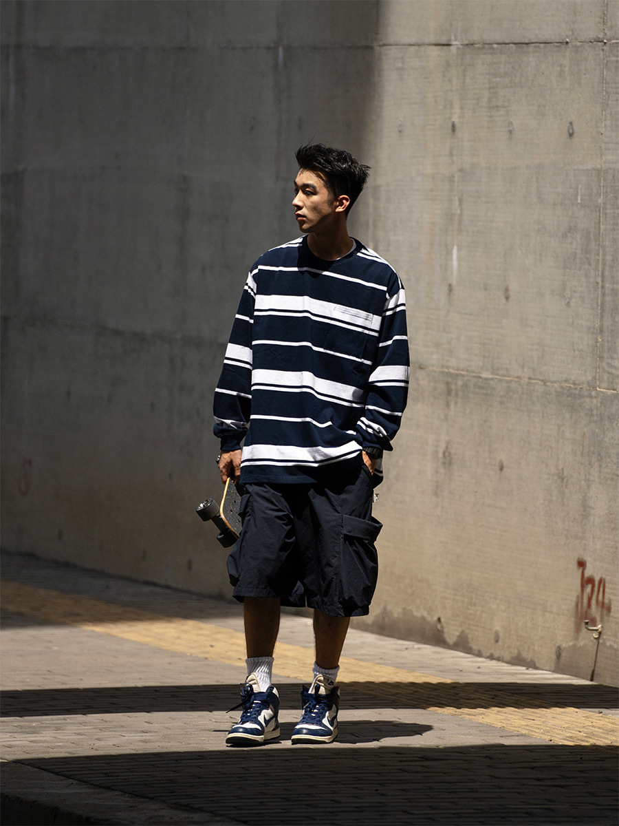 TRS Men's Wear | 24SS Japanese cityboy Woven 320G Striped Readiness Wash Water Profile Long Sleeve T-Shirt Men
