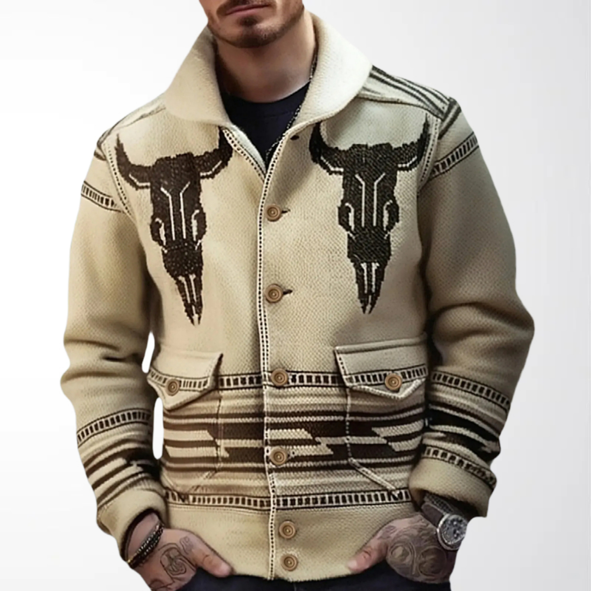 Foreign Trade Cross-Border Men's Clothing European and American Retro Bull Head Jacquard Knit Sweater Long-Sleeve Turn-Down Collar Cardigan Jacket Sy0037
