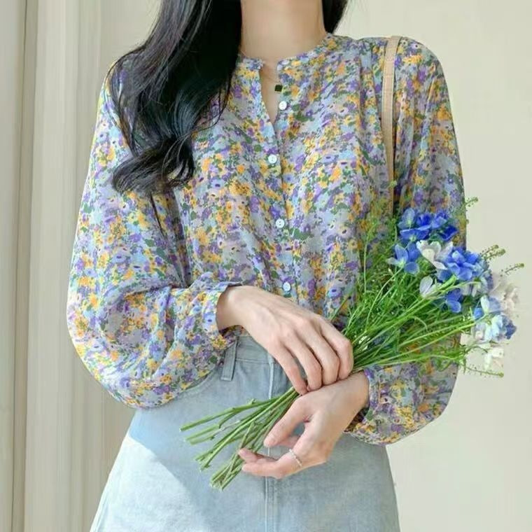 Floral Chiffon Sunscreen Top Women's Western Style 2025 Spring and Summer New Shirt Long Sleeve Super Fairy Girl Style Elegant Small Shirt