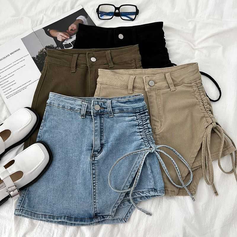 Girls' Summer Denim Shorts Trendy Children's Fashion Korean Style Irregular Drawstring Stylish Short Skirts