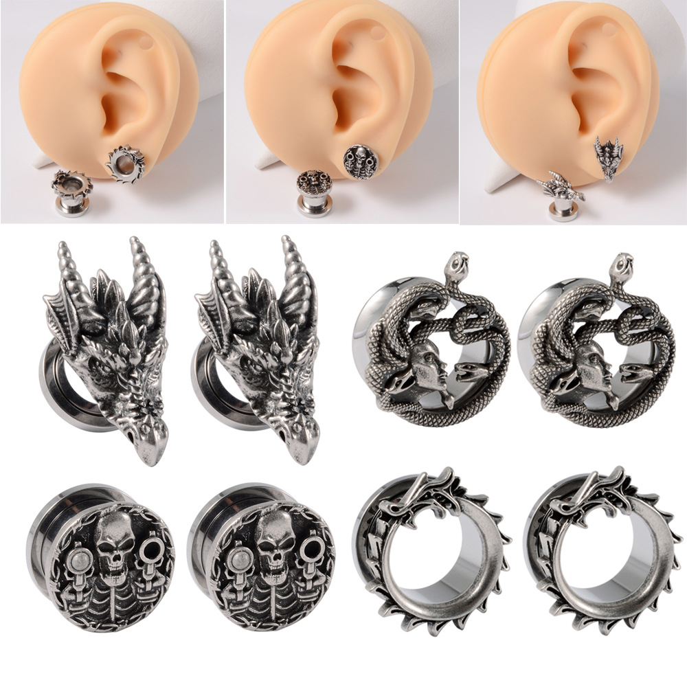 Cross-Border Stainless Steel Fire Dragon Skull Auricle Spiral Faucet Pulley Ear Expansion Integrated Face Snake-Shaped Ear Expander Earrings