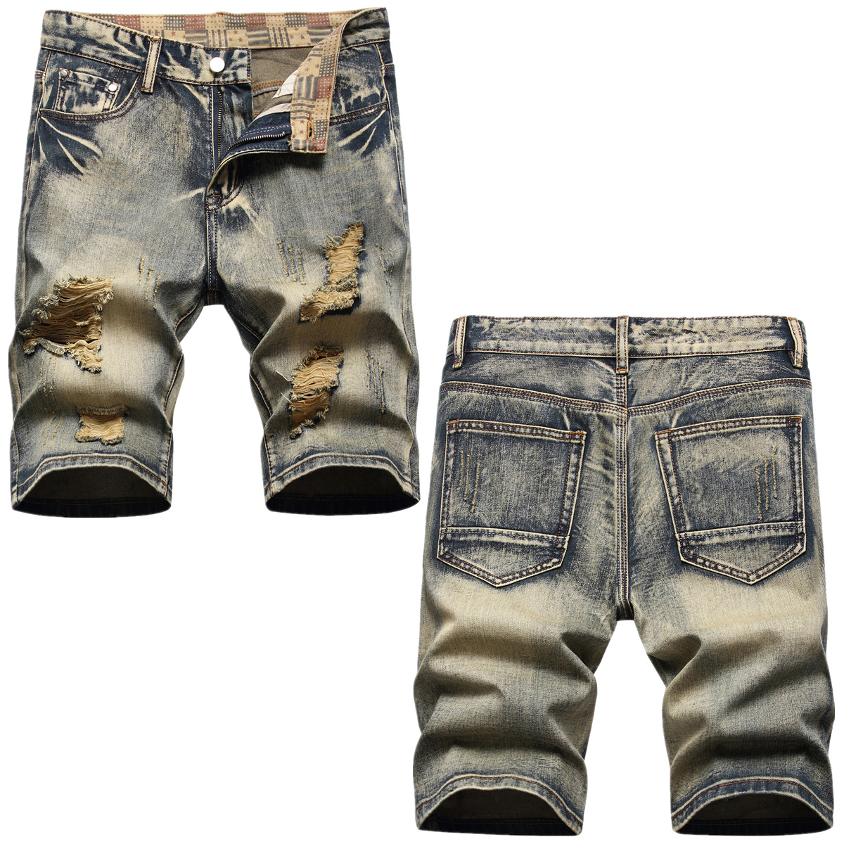 European and American Street Fashion Multi-bit Hole Nostalgic Color Loose Full Sweep Craft Wash Hand-stitched Folding Denim Pants for Men