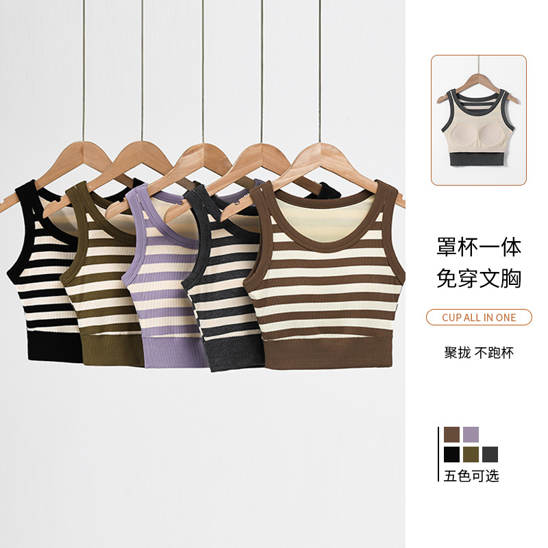 With Chest Pad Navel Camisole Cup One-piece Small Vest Color Strip Short Sleeveless Outfit Fashionable Bottoming Women