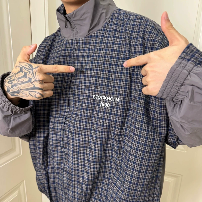 Pure Yuan AC OEM 1996 letter printed grid splicing street retro cleanfit jacket jacket for men's fashion