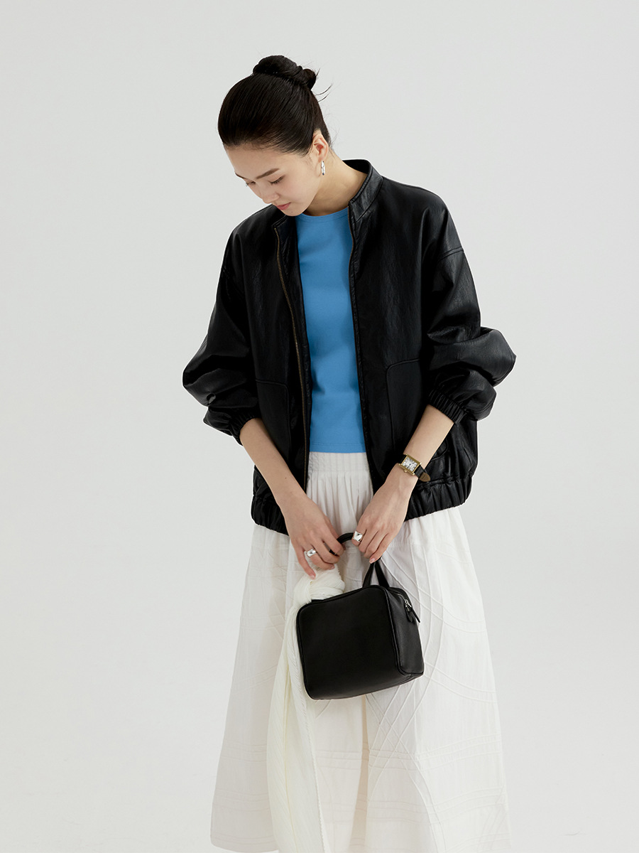 Trendy and Simple Personal Collection Stand Collar Loose High-End Vintage Leather Jacket 2026 Spring New Style Jacket 30235