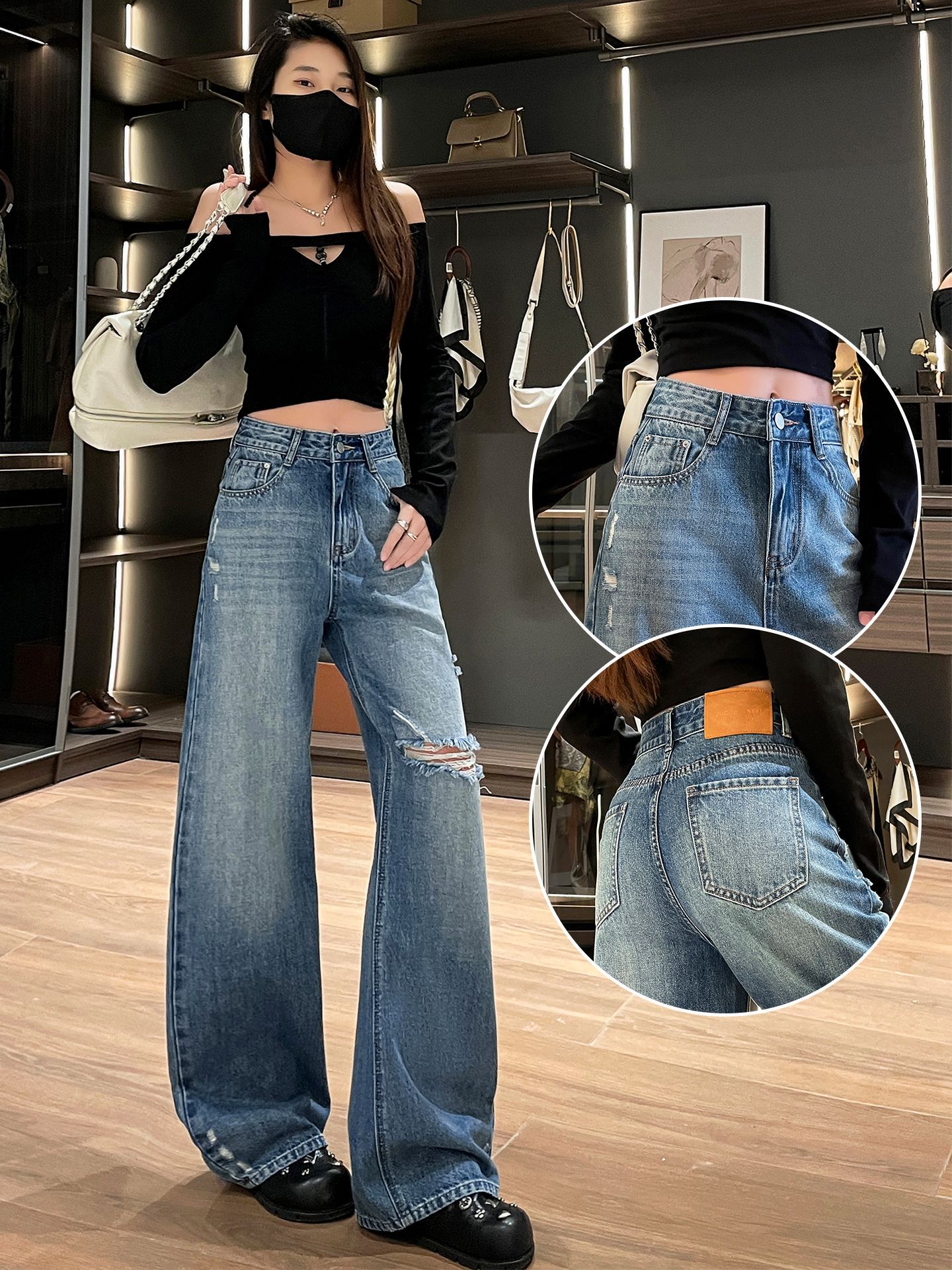 This Year's New Stylish Slim-Fit Ripped Wide-Leg Jeans for Women with a Unique Design, Loose Fit for Spring and Autumn