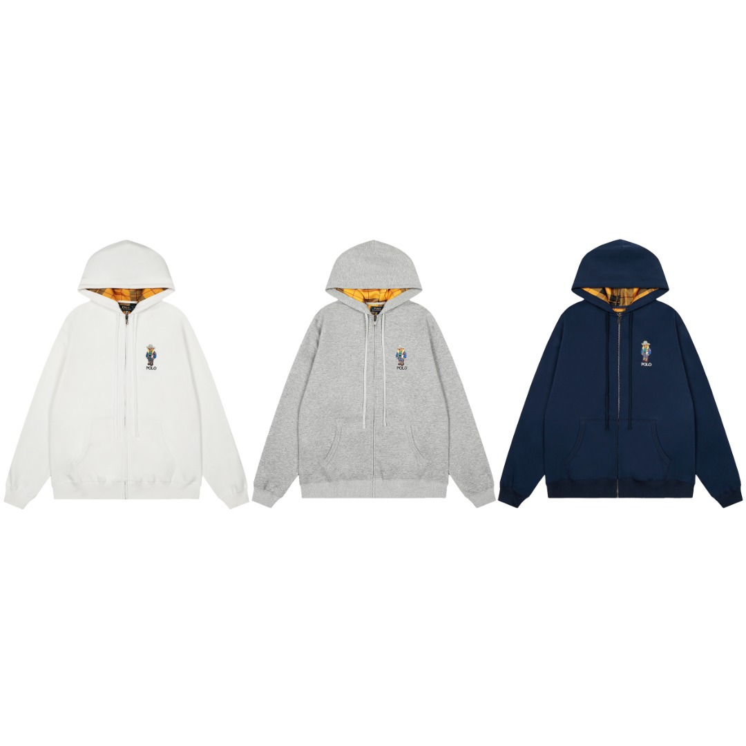 New Style Rl Simple Colorful Embroidered Bear Full Zipper Hooded Sweatshirt for Men and Women, Same Style Autumn and Winter Jacket for Couples