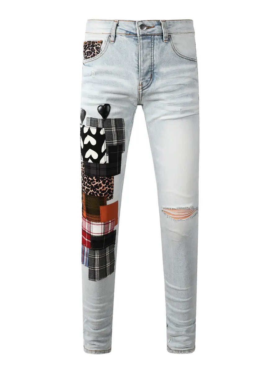 Amr Jeans American High Street Trendy Summer New arrival Light Color Washed White Stylish Patch Destroyed Denim