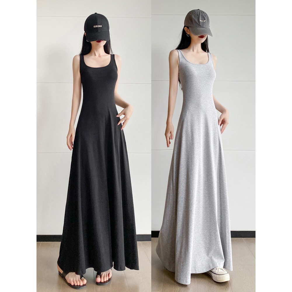 French-Style Elegant Square-Neck Spaghetti Strap Dress for Women, High-End Feel, Waist-Cinching A-Line Flared Skirt, Layered with a Tank Top, Floor-Length Gown