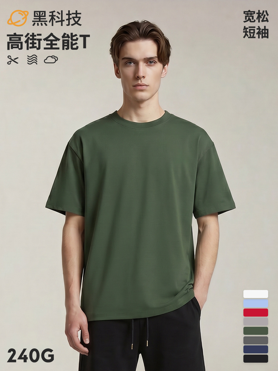 【Premium Selection】Loose Fit Three-Needle Cool-Tech 7A Antibacterial Anti-Mite Solid Color Basic Casual Short Sleeve Men's T-Shirt