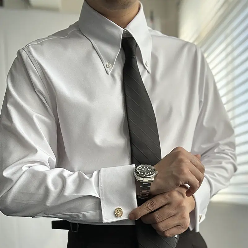 Mushen French Button Long Pointed Collar shirt Business Casual Wrinkle-Resistant Gentleman pure color silm Trendy Shirt