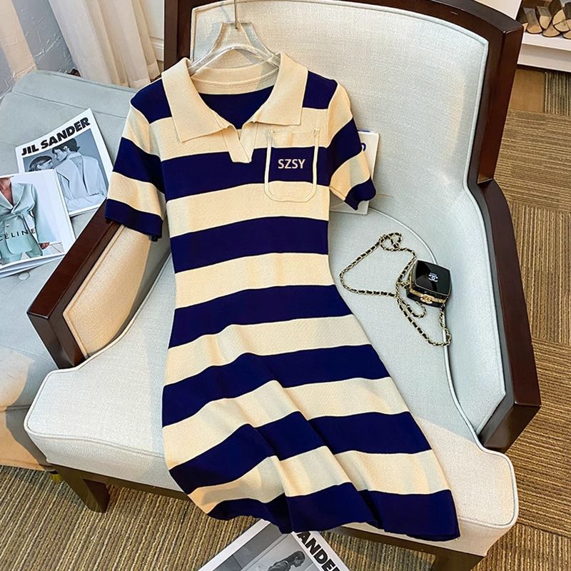 2025 Summer New Niche Design Belly Covering Slimming Knitwear Casual Skirt Polo Collar dress Tight Waist