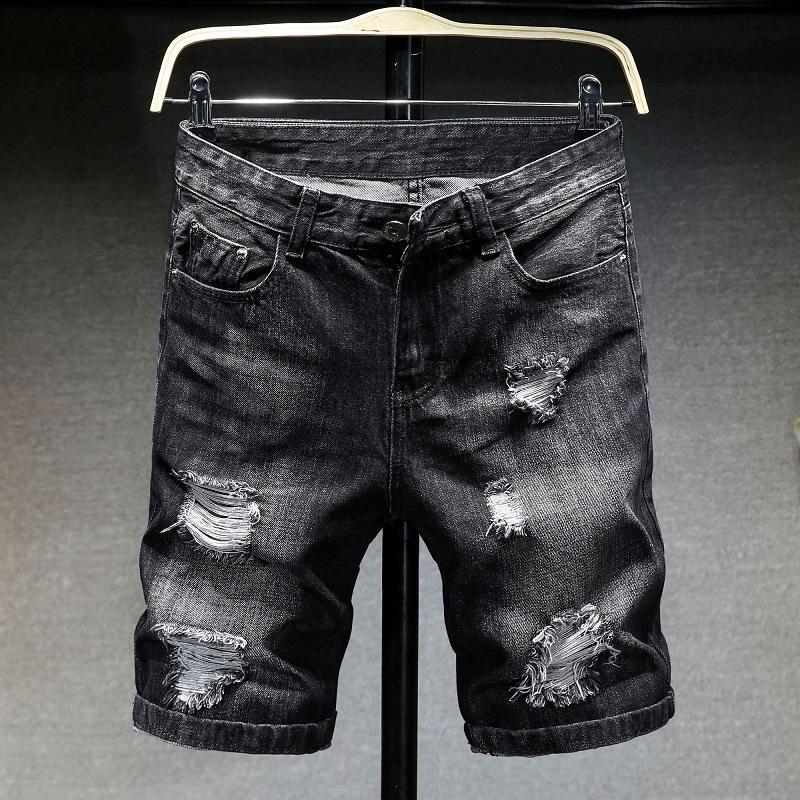 Denim Shorts Men's Trendy Brand New Summer Five-quarter Pants Slim Fit Versatile Label Embroidered Hole Men's Personalized Mid-pants