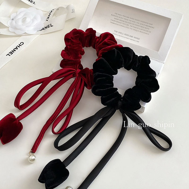 Velvet Tulip Small Fragrance Style Large Intestine Circle Bow Pearl Hair Circle Head Flower Versatile Streamer Flower Bud Rubber Band Hair Rope