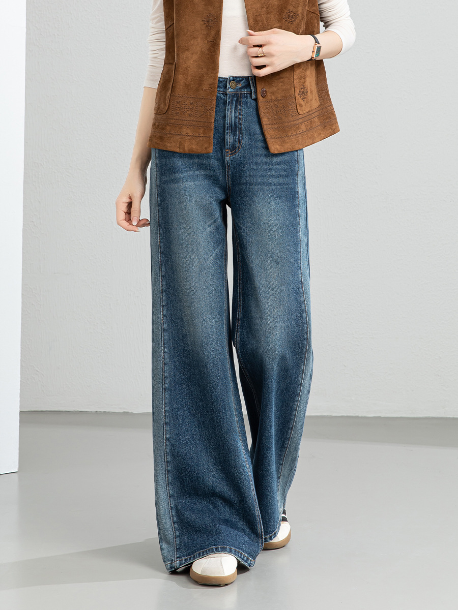 Xingge Niche Design Straight-Leg Jeans for Women, New Spring Style, Patchwork Shadow Slimming High-Waisted Washed Wide-Leg Pants