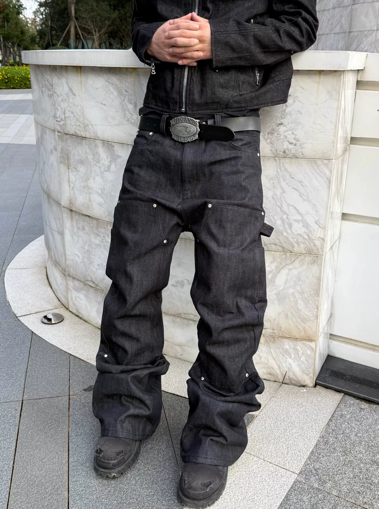 Heavy duty original cow logging pants spliced with rhinestone A-line jeans for both men and women, featuring American heavy-duty design and slightly flared wide legs