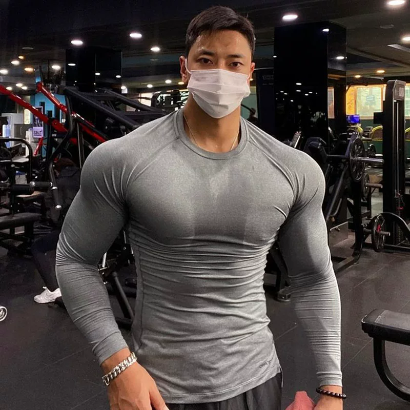 Fitness Long-Sleeve Muscle Men's Tight-Fitting Clothing Brother T-Shirt Quick-Drying High-Elasticity Sports Top Compression Training Solid Color
