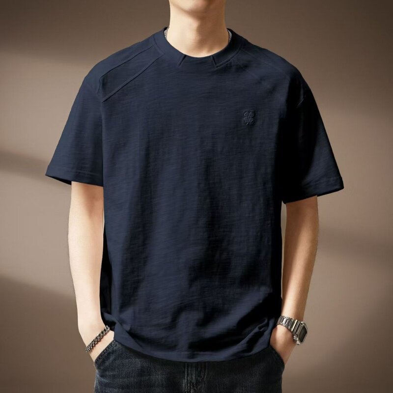 Trendy Chinese-Style Round-Neck Loose Short-Sleeve T-Shirt for Men, Summer Thin Breathable Embroidered Fashion Print Casual Top