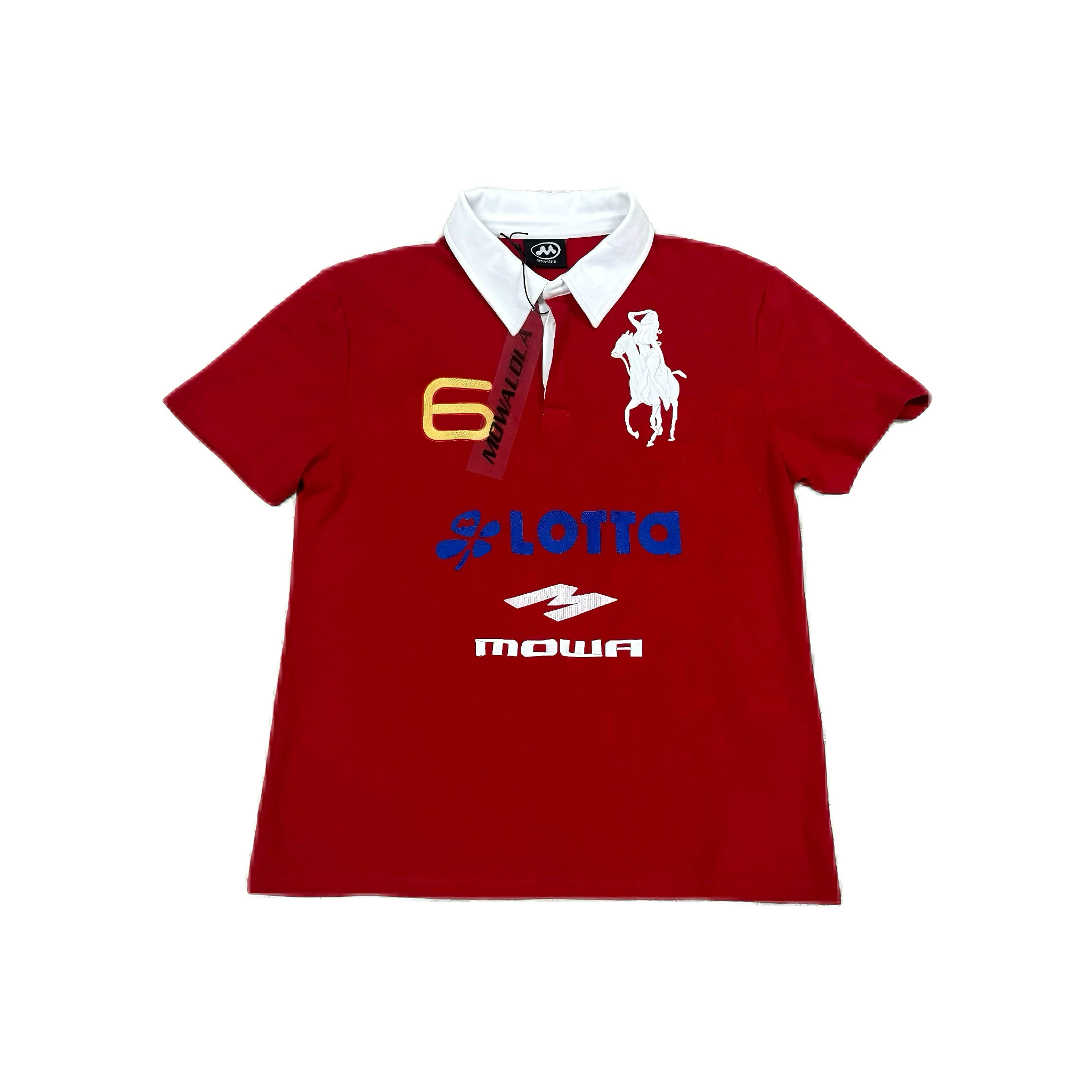 Mowalola LON London Opium YVL style red angel warhorse embroidered slim fit polo shirt short sleeved