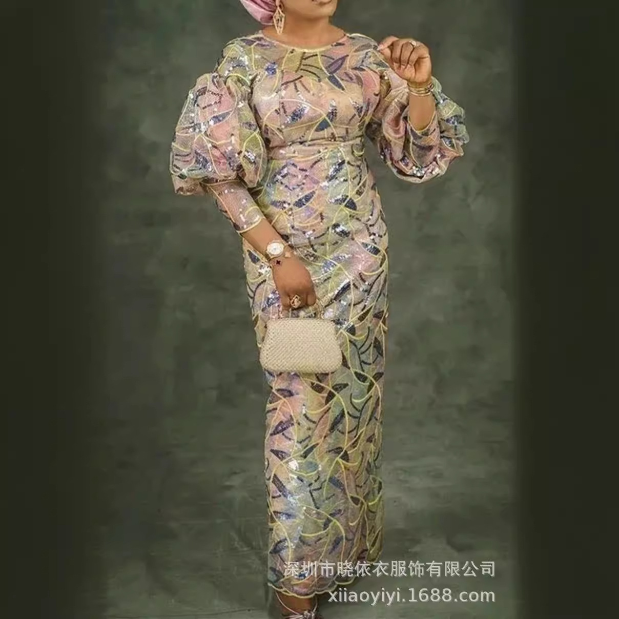 Amazon Cross-Border Trade European and American Round Neck Sequin Embroidery High-Waisted Puff Sleeve Plus Size Women's Dress Long Dress Gown