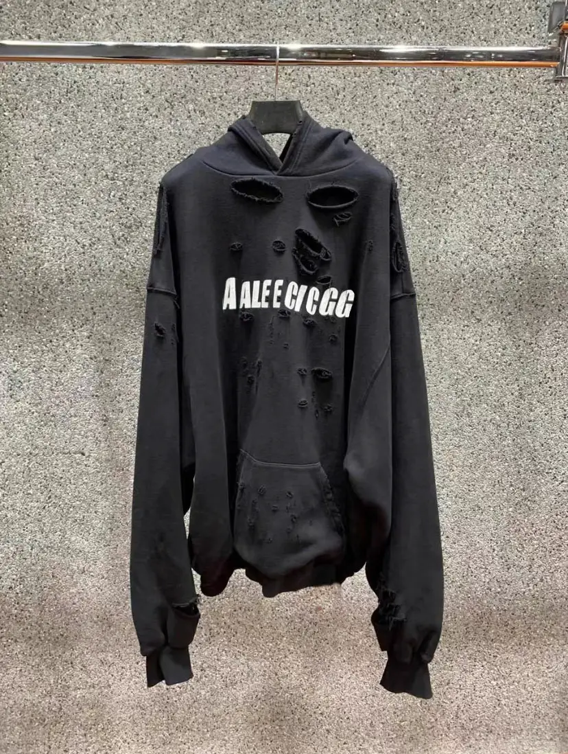 Ceiling! Paris-Style Double-Layer Ripped and Cracked Printed Hooded Sweatshirt for Men and Women, Loose Pullover Hoodie for Autumn and Winter, Trendy