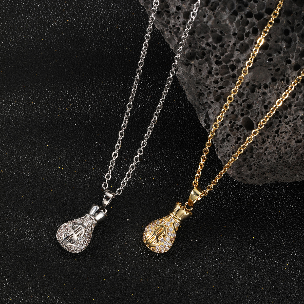 in stock Light Luxury Micro-inlaid Zircon Dollar Small Money Bag Pendant Necklace Women's Fashionable All-match Clavicle Chain High-grade Necklace Chain