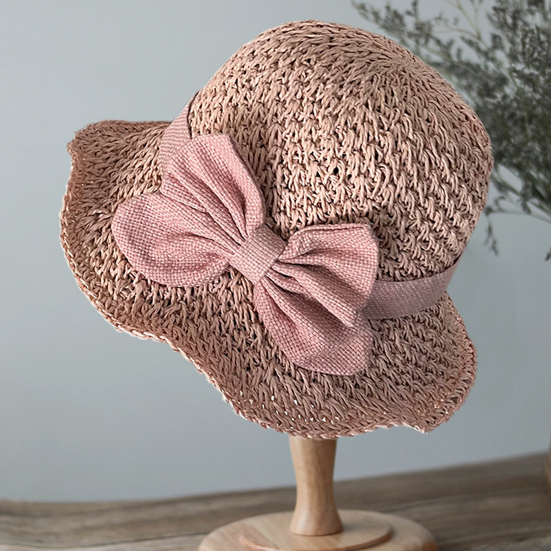 Hand-woven straw hat sunscreen sun hat foldable summer outing large eaves casual fisherman hat bow hat