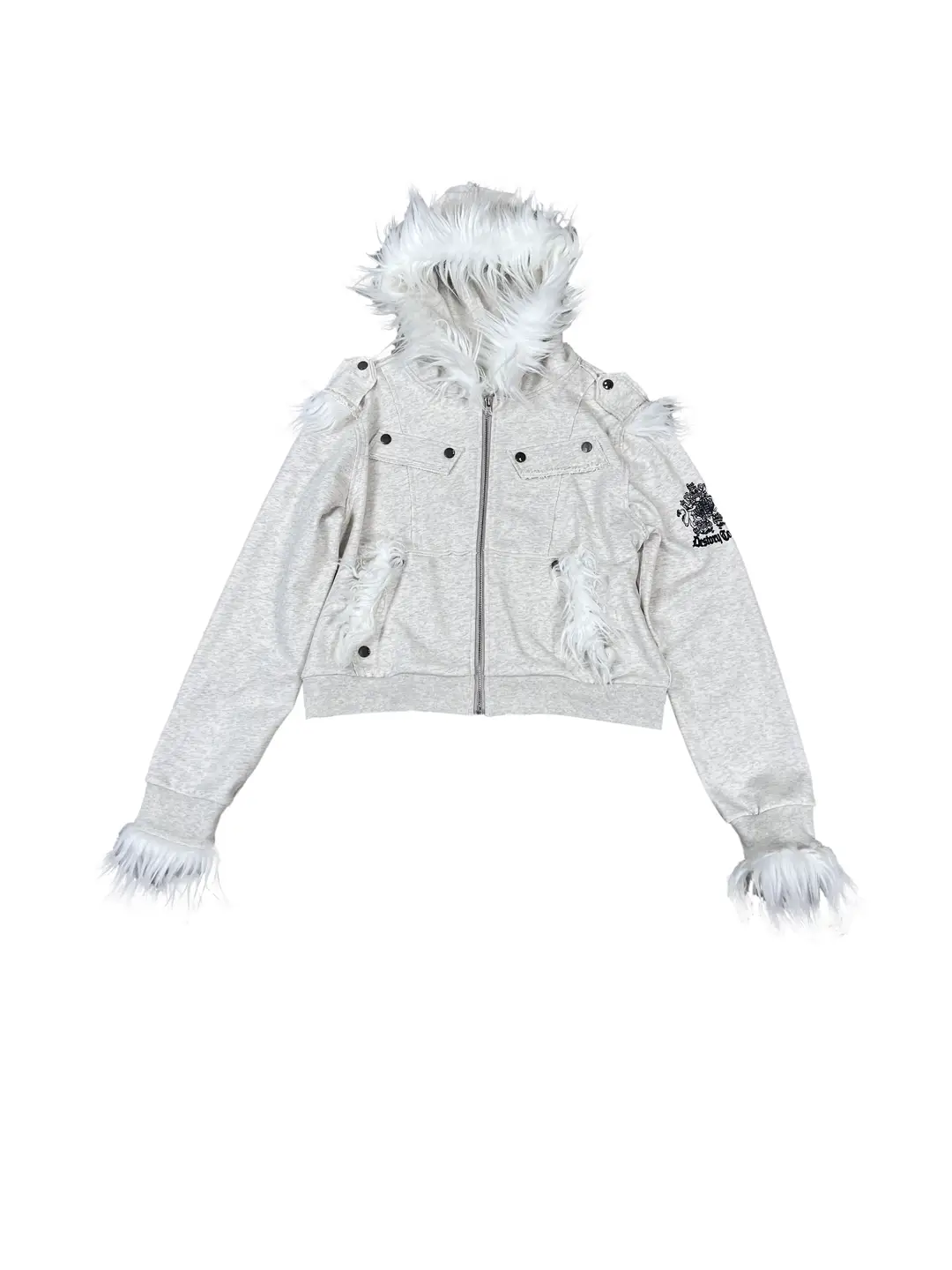 CHAI (disassembled) 25AW coat of arms printed with frayed edges, spliced with wool material, hooded short width, pure cotton fur collar jacket