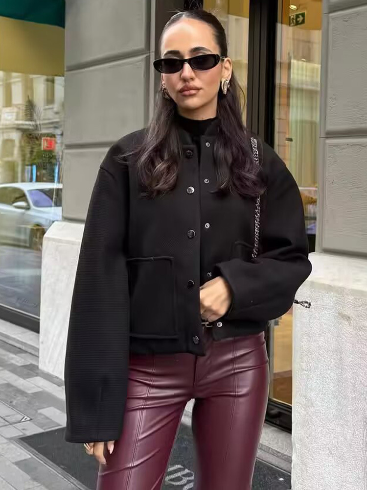 New Women's Clothing All-match Simple Long-sleeved Woolen Paste Texture Cloth Pocket Aviator Short Jacket Coat Top