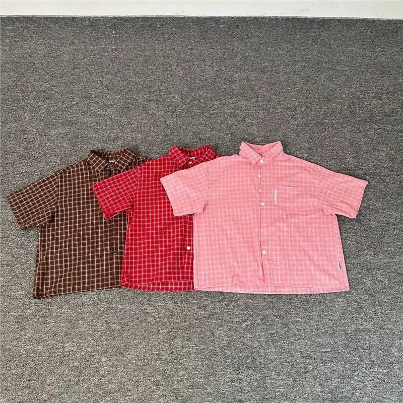 Mertra New Plaid Letter Printed Short-Sleeved Shirts for Men and Women, Summer Versatile Loose Casual Shirts, Trendy