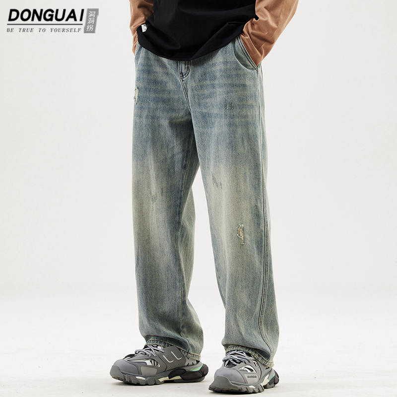 American Style Retro Ripped Jeans Men's Summer Thin High Street Trendy Brand Men's Loose Straight Wide Leg Long Pants