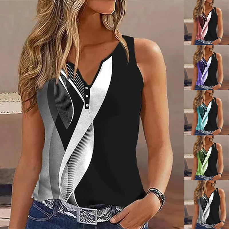 2023 European and American Summer TEMU Independent Station wish Cross-border Women's V-neck Abstract Printed Sleeveless Vest Top Women
