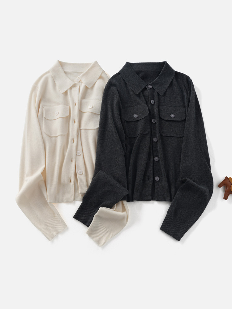 Autumn New Women's Ed Same Style Polo Collar Knitwear Top Feminine Long-Sleeved Slim Wool Cardigan Jacket
