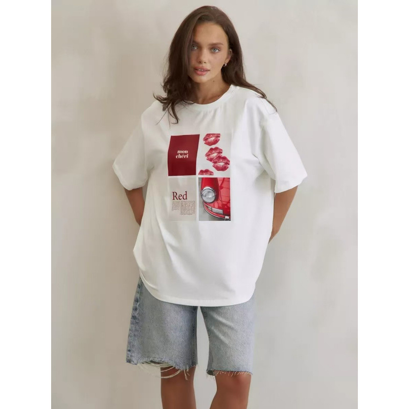 Pure Cotton Mid-length Half-sleeved T-shirt Women's Summer New European and American Laid-back Style Loose All-match Cross-border Printed Top Ins