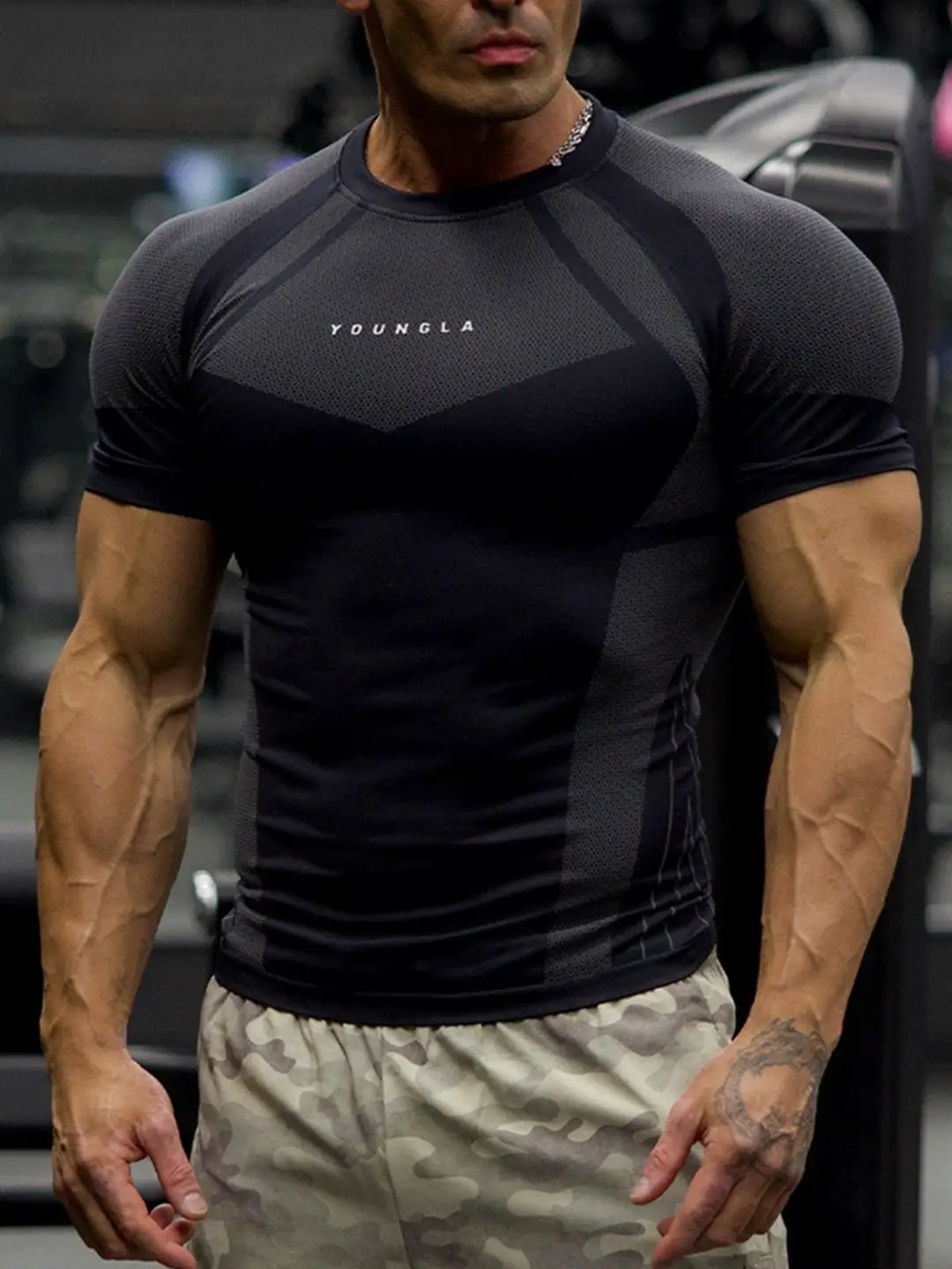 Youngla Sports Short-Sleeved Men's T-Shirt Fitness Clothing Quick-Drying Breathable Elastic Cuffs Round Neck American Fashion Brand Muscle