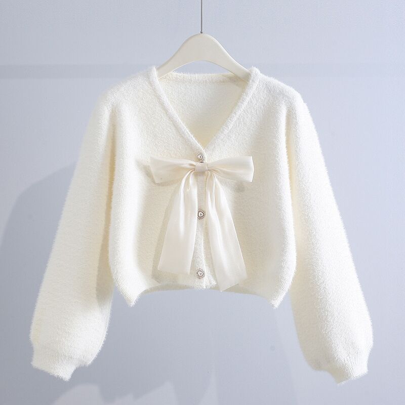 Knitted Cardigan Short Imitation Mink Cashmere Jacket Women's 2023 Autumn and Winter New Western Style Age-reducing Loose Bow