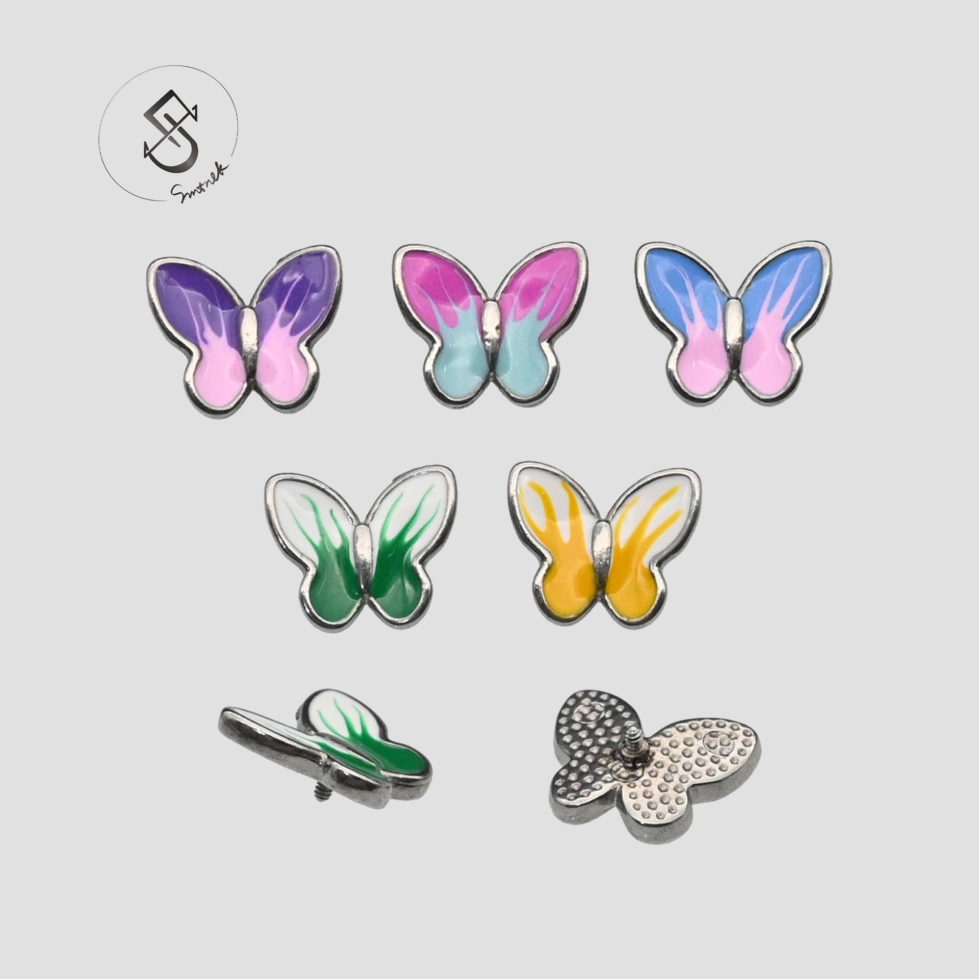 SMTNEK Titanium Steel Multicolor Oil Dropping Flame Butterfly External Teeth Ear Stud Tongue Stud Piercing Jewelry Head Accessories