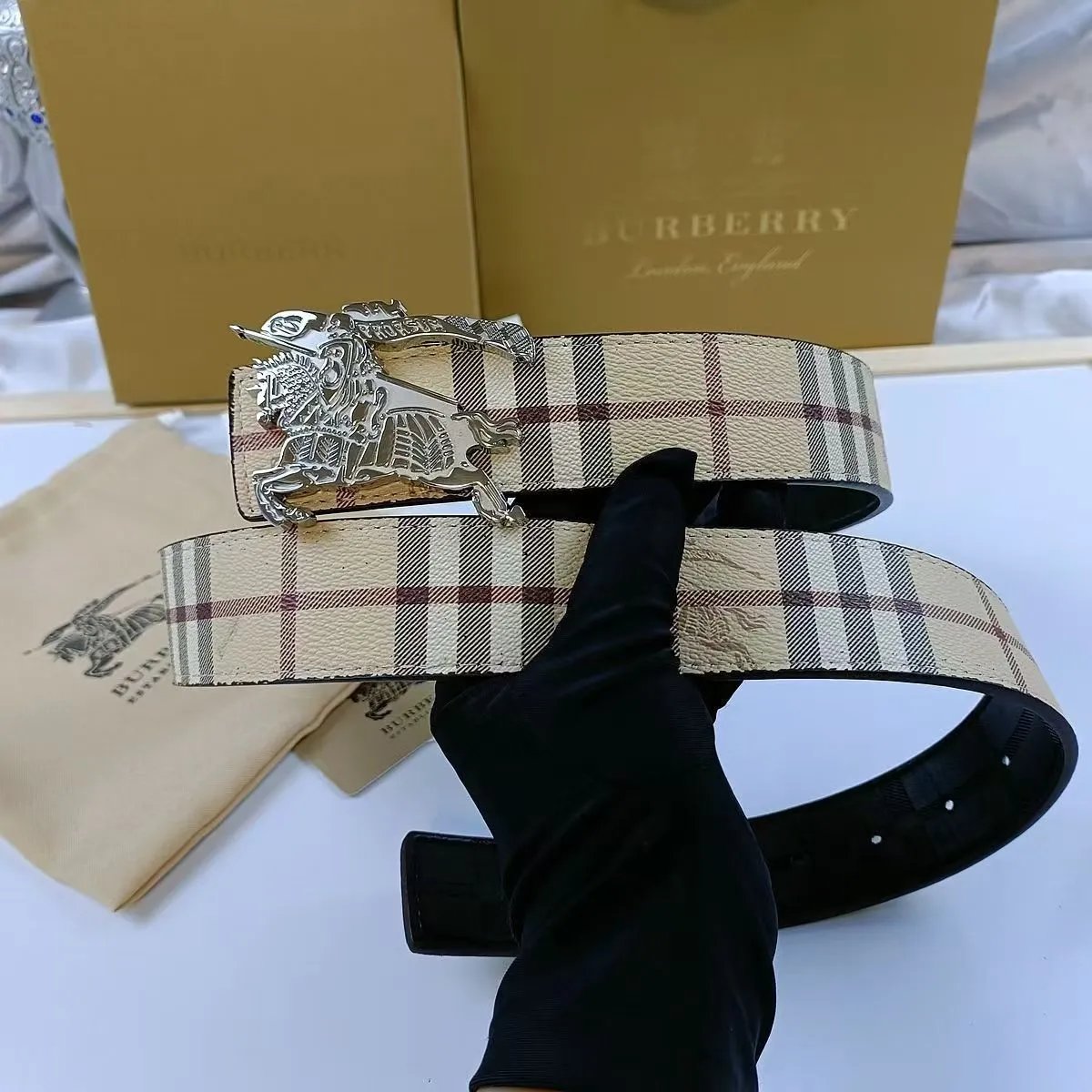Burberry Check Belt with Horse and Rider Buckle