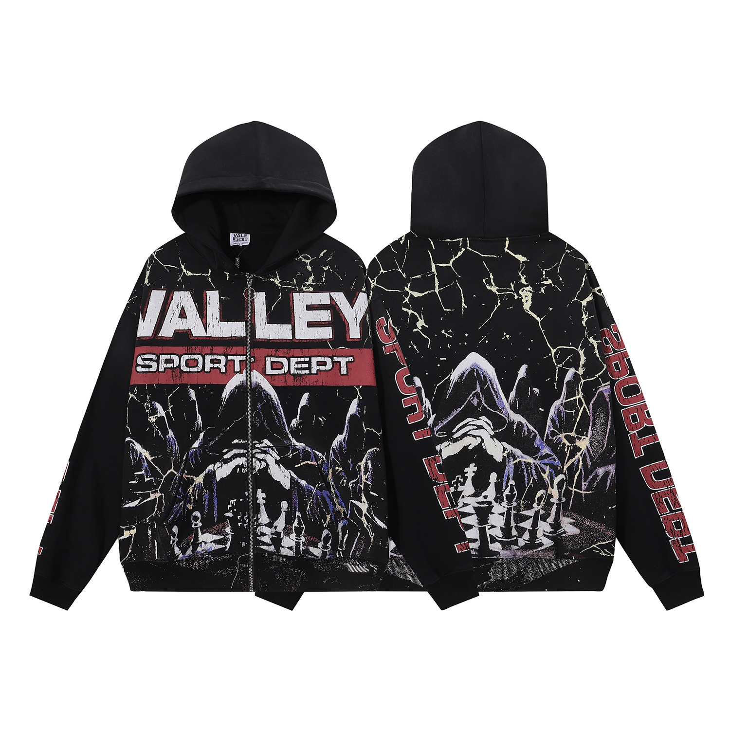 Vale Forever Valley Black Red Chess Print Washed Hoodie Cardigan Sweatshirt