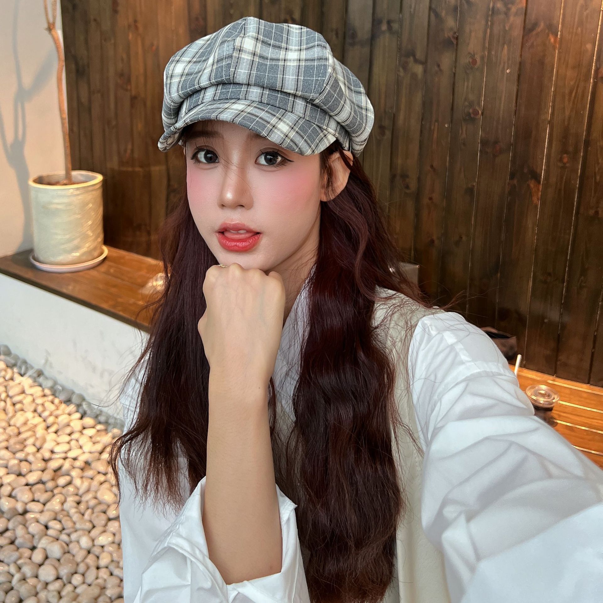 Plaid Octagonal Cap 2 Color Women Autumn and Winter All-match Plaid Temperament Face Showing Small Big Head Wrap Newsboy Hat Beret