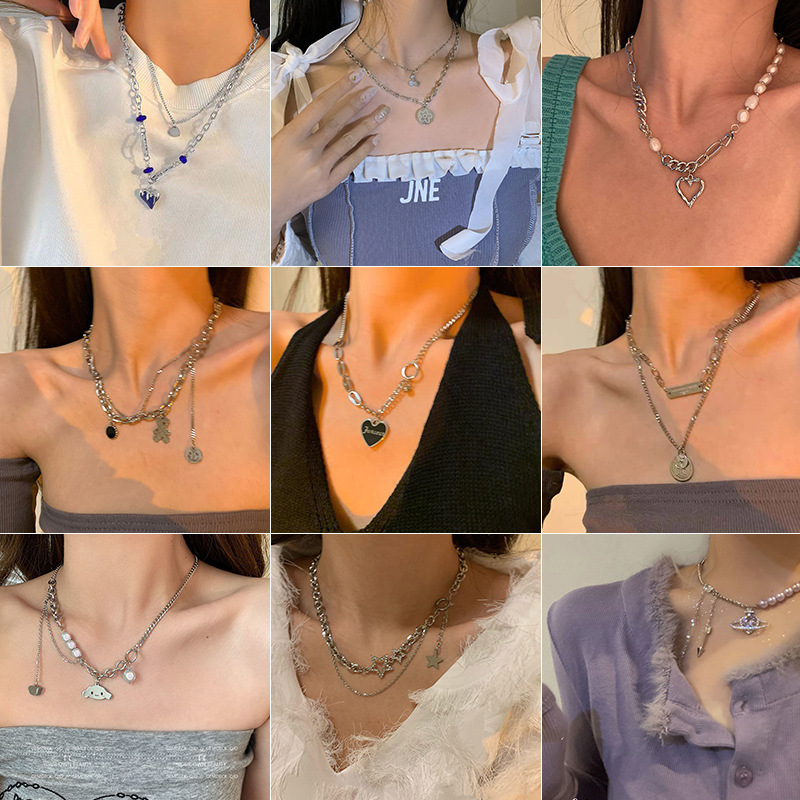 American-Style Sweet and Cool Double-Layer Heart Necklace Wholesale Ins Trend Splicing Fashion Design Long Sweatshirt Clavicle Chain