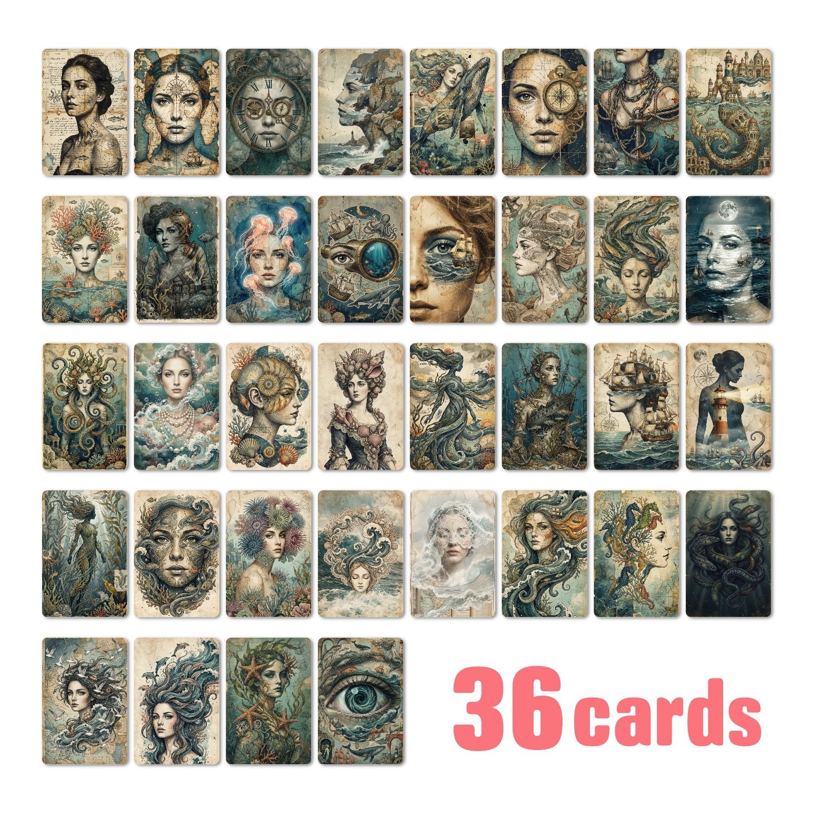 New Set of 36 Ocean Anthropomorphic Retro Illustration Cards with Artistic Vintage Texture for Journaling and Collage Decoration
