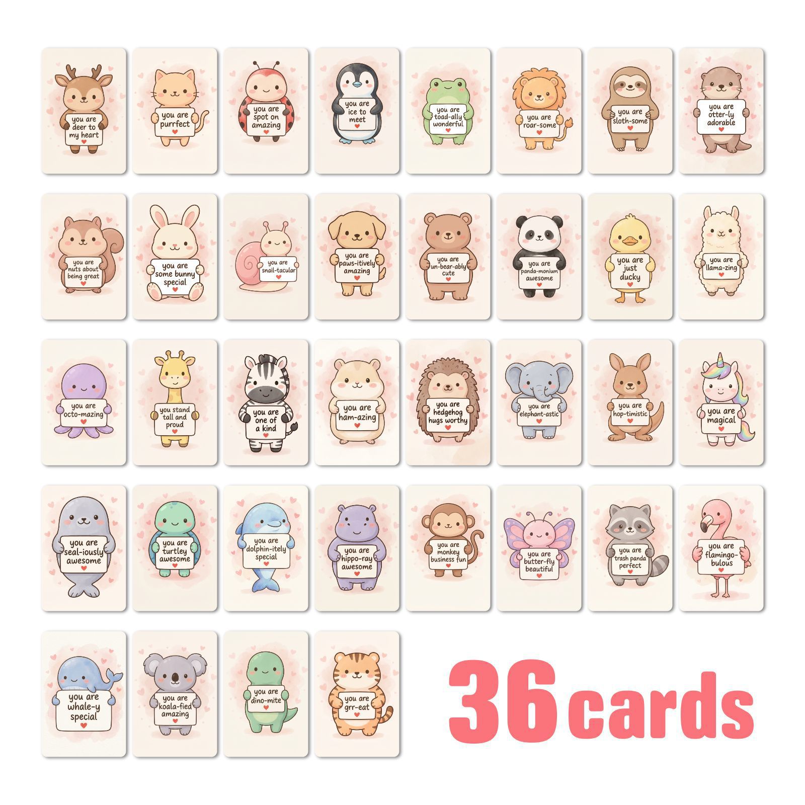 36 Cute Animal Affirmation Cards, Kidsren's Gifts, Heart-Warming Encouragement, Positive Energy Puns, Inspirational English Cards
