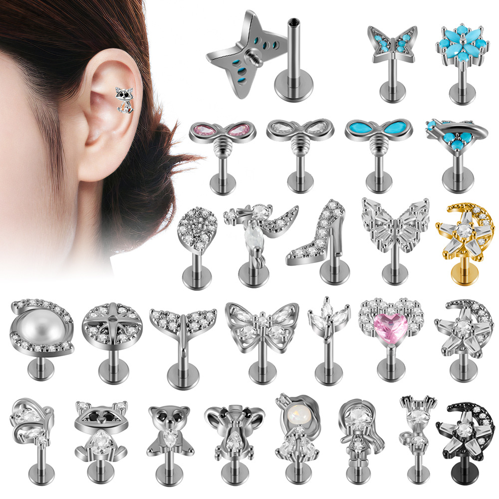 Cross-Border Stainless Steel Powder Zirconium Heart Lip Nail Steel Color Blue Turquoise Butterfly Moon Five-Star Inner Tooth Lip Nail Piercing Earrings