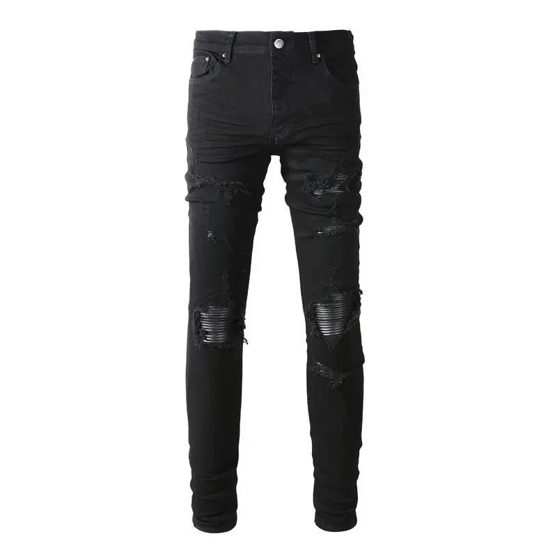 Street Fashion Brand Men's Jeans Retro Black Ripped Slim Fit Leather Hip-Hop Men's Jeans Wholesale