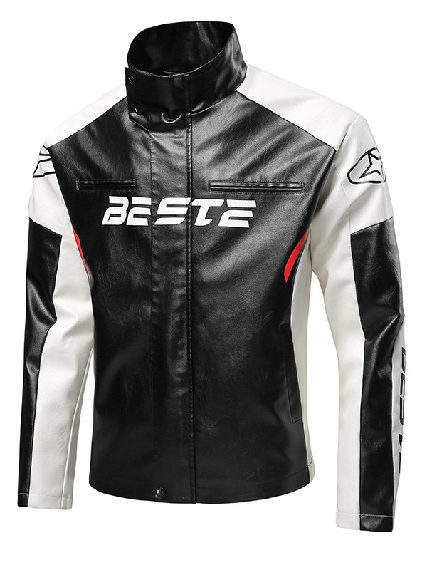 Cross-Border European Size Trendy Brand Motorcycle Pu Leather Jacket for Men, High-End Flight Suit with Stand Collar and Printed Design, Biker Jacket