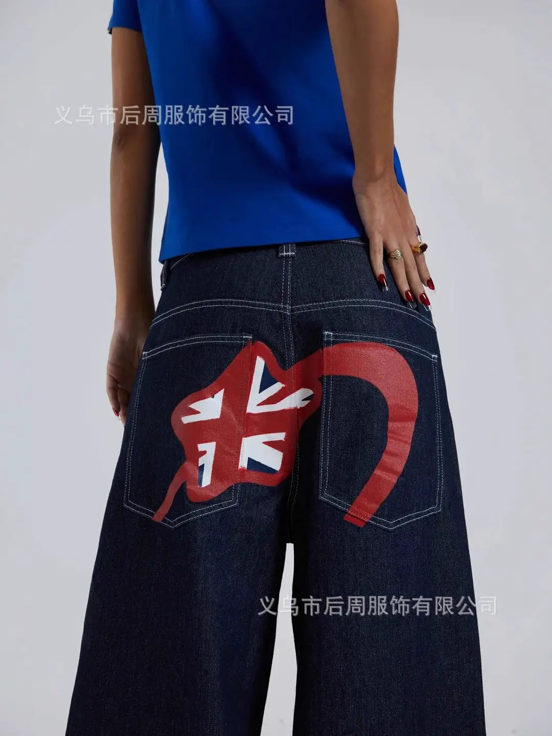 European and American Cross-Border Jad Londen Vintage Printed Jeans for Women Y2K Loose Straight Denim Trousers