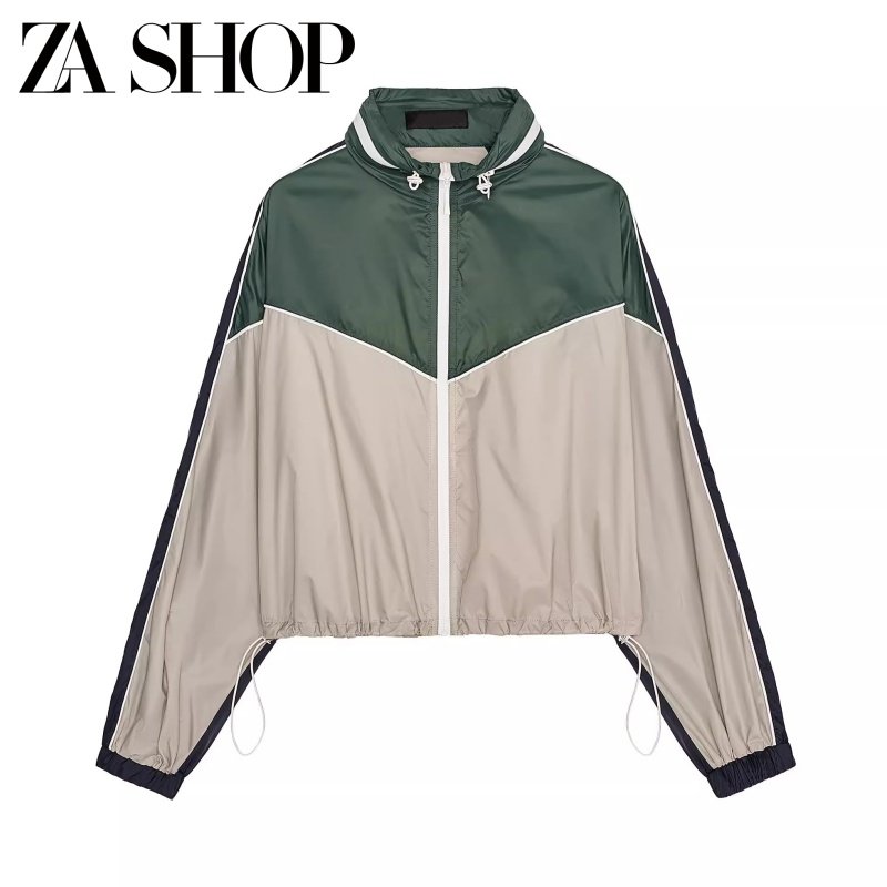 25 Spring Women's Color Block Hooded Stand Collar Short Jacket with Decorated Long Pants 8073137 8073037
